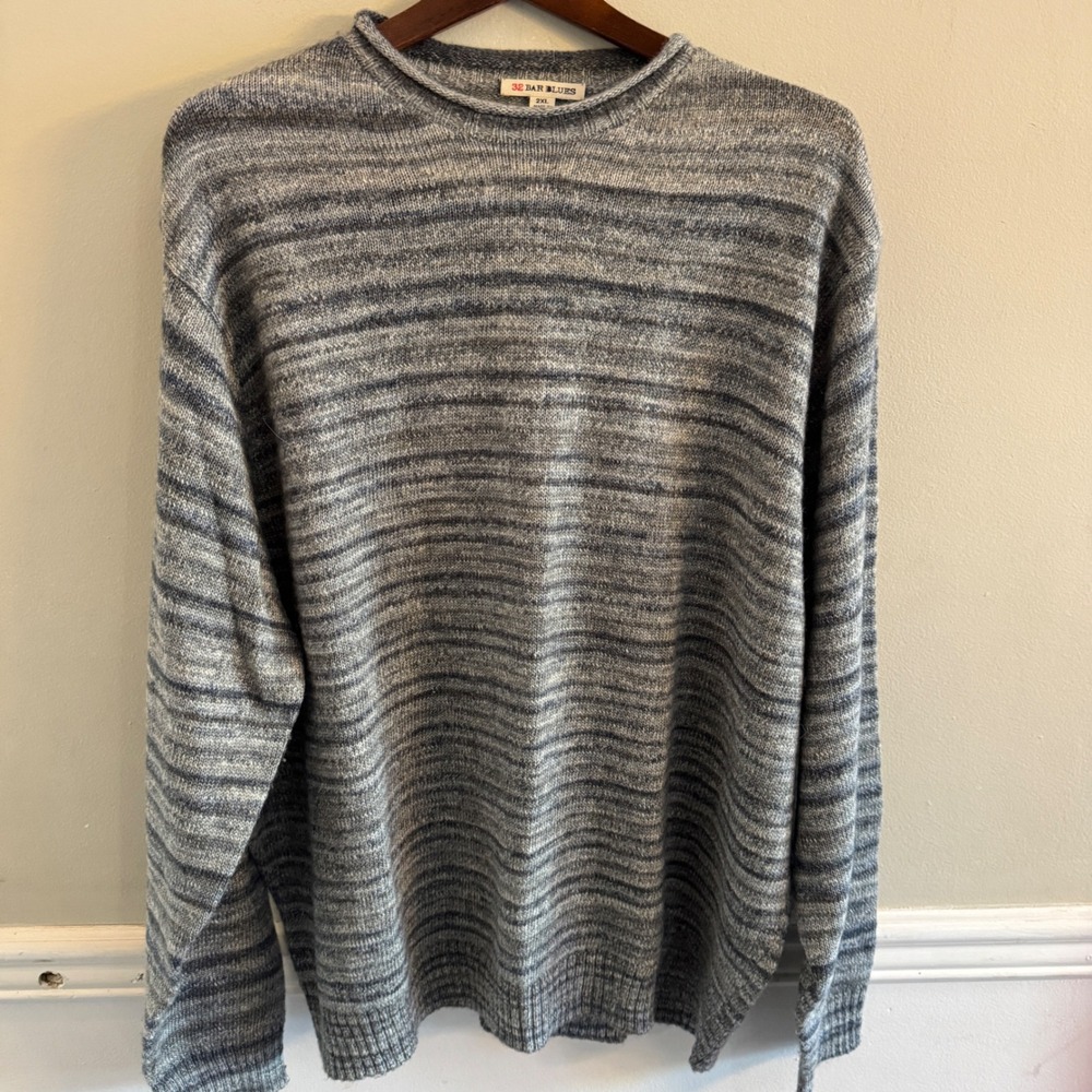 32 Bar Blues Mens 2XL Wool Alpaca Blend Striped Marled Crewneck Sweater Grey